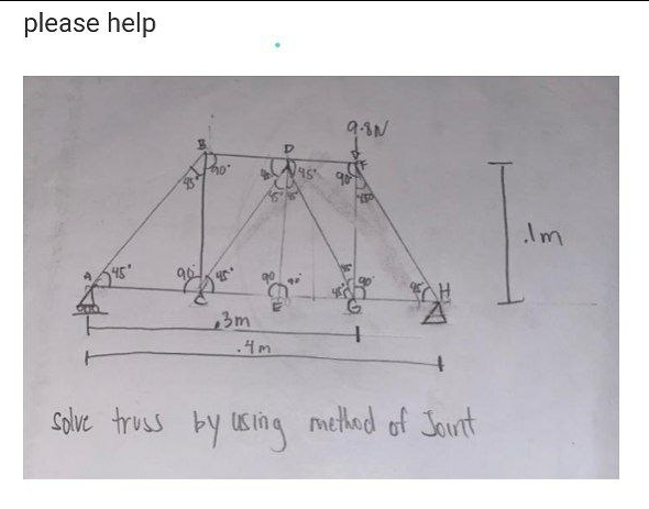 please help
9-3N
Im
45
3m
.4m
Solve truss by using method of Jount
