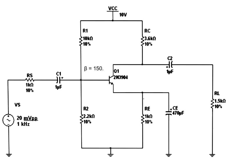 VcC
10V
R1
10kn
10%
RC
{3.6kN
10%
C2
B = 150.
01
2N3904
RS
C1
1kn
10%
RL
vs
1.5kn
10%
CE
470uF
R2
RE
20 mVpp.
1 kHz
2.2kn
10%
1kn
10%
