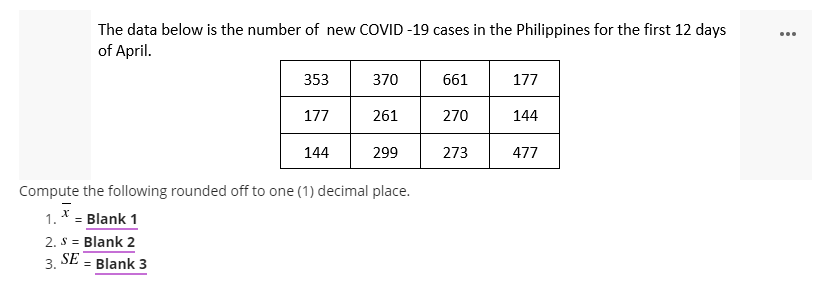 The data below is the number of new COVID -19 cases in the Philippines for the first 12 days
of April.
353
370
661
177
177
261
270
144
144
299
273
477
Compute the following rounded off to one (1) decimal place.
1. * = Blank 1
2. S = Blank 2
SE
3. = Blank 3