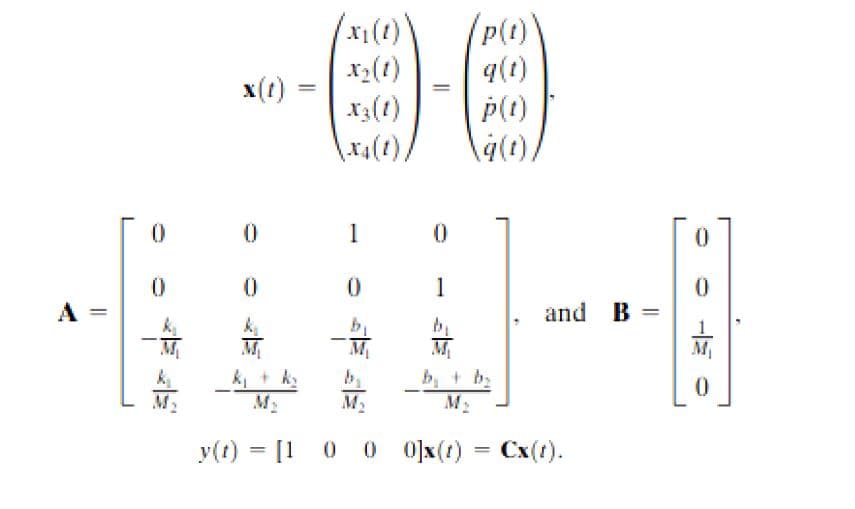 x2(t)
x3(1)
P(t)
q(1)
p(t)
x(1)
1
1
A =
and B =
b+ b
M2
M2
M2
M2
y(t) = [1 0 0 O]x(t) = Cx(t).
