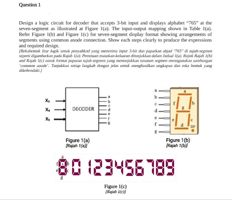 Question 1
Design a logic circuit for decoder that accepts 3-bit input and displays alphabet "765" at the
seven-segment as illustrated at Figure 1(a). The input-output mapping shown in Table 1(a).
Refer Figure 1(b) and Figure 1(c) for seven-segment display format showing arrangements of
segments using common anode connection. Show each steps clearly to produce the expressions
and required design.
[Rekabentuk litar logik untuk penyahkod yang menerima input 3-bit dan paparkan abjad "765" di tujuh-segmen
seperti digambarkan pada Rajah 1(a). Pemetaan masukan-keluaran ditunjukkan dalam Jadual 1(a). Rujuk Rajah 1(b)
and Rajah 1(c) untuk format paparan tujuh-segmen yang menunjukkan susunan segmen menngunakan sambungan
'common anode'. Tunjukkan setiap langkah dengan jelas untuk menghasilkan ungkapan dan reka bentuk yang
dikehendaki.]
X3
X4
Xs
d
DECODER
Figure 1(a)
[Rajah 1(a)]
a
b
P
d.
29
3
DO
W
U
10123456789
Figure 1(c)
[Rajah 1(c)]
DP
Figure 1 (b)
[Rajah 1(b)]