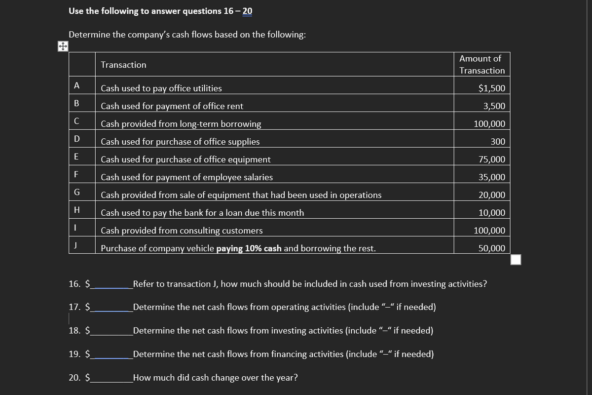 Use the following to answer questions 16-20
Determine the company's cash flows based on the following:
A
B
с
D
E
F
G
H
I
J
16. $
17. $
18. $
19. $
20. $
Transaction
Cash used to pay office utilities
Cash used for payment of office rent
Cash provided from long-term borrowing
Cash used for purchase of office supplies
Cash used for purchase of office equipment
Cash used for payment of employee salaries
Cash provided from sale of equipment that had been used in operations
Cash used to pay the bank for a loan due this month
Cash provided from consulting customers
Purchase of company vehicle paying 10% cash and borrowing the rest.
Amount of
Transaction
$1,500
3,500
100,000
300
75,000
35,000
20,000
10,000
100,000
50,000
_Refer to transaction J, how much should be included in cash used from investing activities?
_Determine the net cash flows from operating activities (include "_" if needed)
_Determine the net cash flows from investing activities (include "-" if needed)
_Determine the net cash flows from financing activities (include "-" if needed)
How much did cash change over the year?