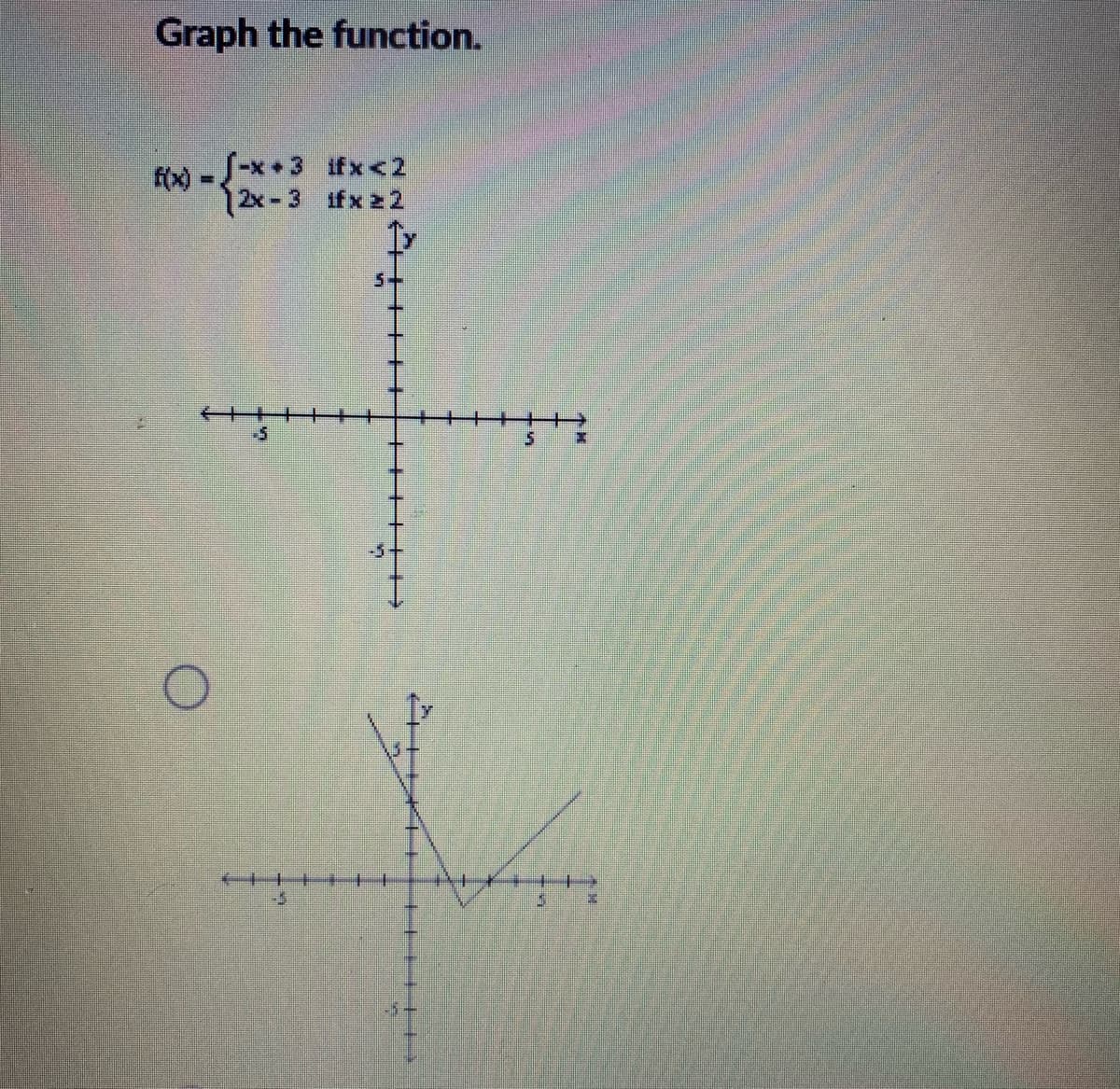 Graph the function.
f(x) --x +3 ifx<2
12x-3 ifx 22
%3D
し5
+++ EF
