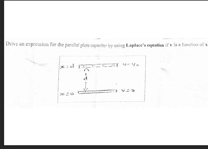 Drive an expression for the parallel plate capacitor by using Laplace's equation if v is a function of x
x=d
x=0