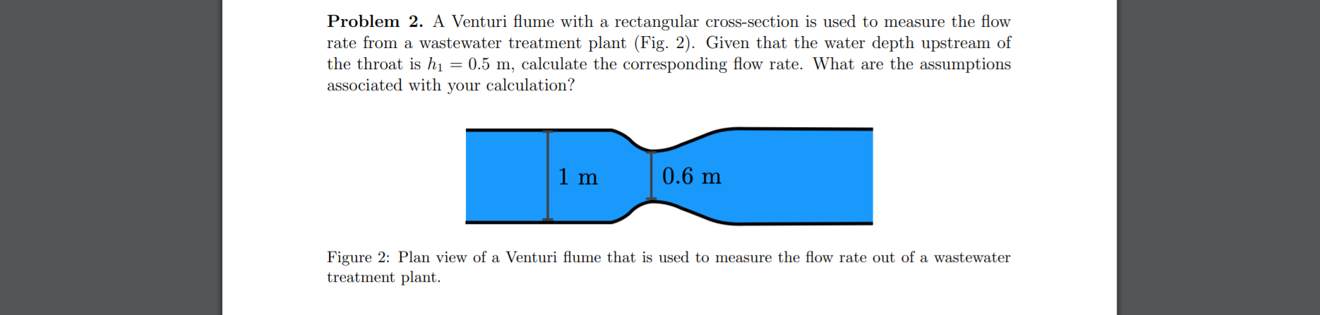 Problem 2. A Venturi flume with a rectangular cross-section is used to measure the flow
rate from a wastewater treatment plant (Fig. 2). Given that the water depth upstream of
the throat is h1 = 0.5 m, calculate the corresponding flow rate. What are the assumptions
associated with your calculation?
1 m
0.6 m
Figure 2: Plan view of a Venturi flume that is used to measure the flow rate out of a wastewater
treatment plant.
