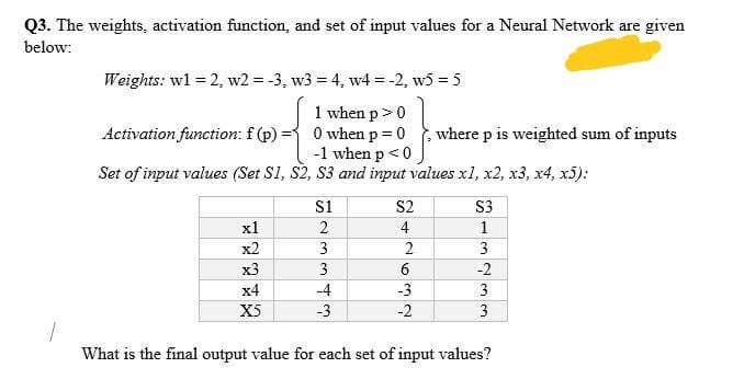 Q3. The weights, activation function, and set of input values for a Neural Network are given
below:
Weights: wl = 2, w2 = -3, w3 = 4, w4 = -2, w5 = 5
1 when p > 0
O when p = 0
-1 when p <0
Set of input values (Set S1, S2, S3 and input values x1, x2, x3, x4, x5):
Activation function: f (p):
where p is weighted sum of inputs
S1
S2
S3
x1
2
4
x2
3
2
3
x3
3
6
-2
x4
-4
-3
3
X5
-3
-2
3
What is the final output value for each set of input values?
