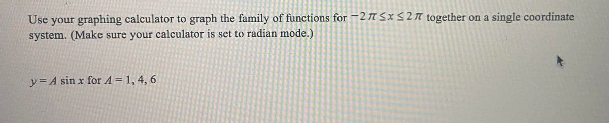 Use your graphing calculator to graph the family of functions for -2 MS<2n together on a single coordinate
system. (Make sure your calculator is set to radian mode.)
y= A sin x for A = 1, 4, 6
