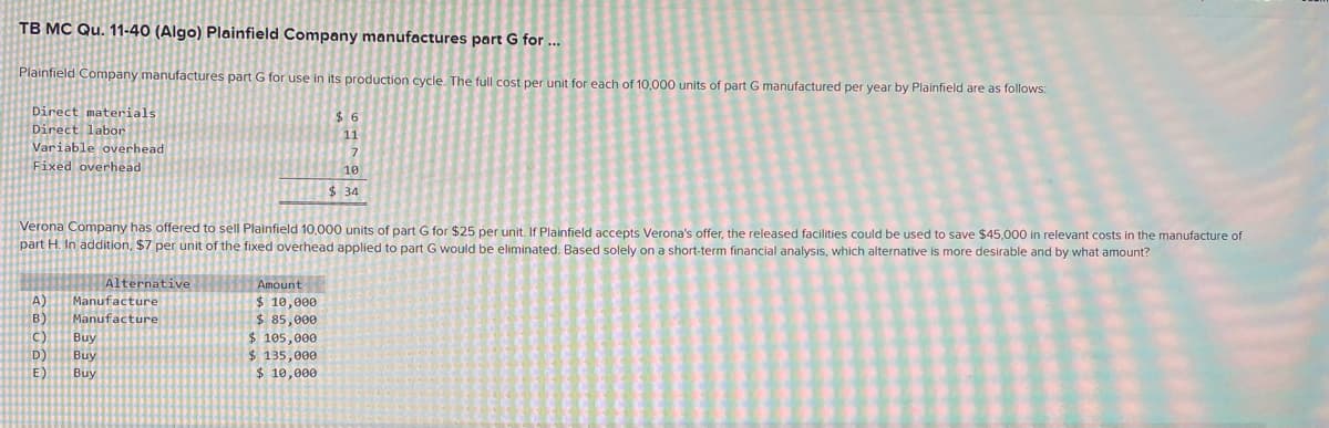 TB MC Qu. 11-40 (Algo) Plainfield Company manufactures part G for ...
Plainfield Company manufactures part G for use in its production cycle. The full cost per unit for each of 10,000 units of part G manufactured per year by Plainfield are as follows:
Direct materials.
Direct labor
Variable overhead
Fixed overhead
A)
Verona Company has offered to sell Plainfield 10,000 units of part G for $25 per unit. If Plainfield accepts Verona's offer, the released facilities could be used to save $45,000 in relevant costs in the manufacture of
part H. In addition, $7 per unit of the fixed overhead applied to part G would be eliminated. Based solely on a short-term financial analysis, which alternative is more desirable and by what amount?
D)
E)
Alternative
Manufacture
Manufacture
Buy
Buy
Buy
Amount
$ 10,000
$ 85,000
$6
11
$ 105,000
$ 135,000
$ 10,000
7
10
$34