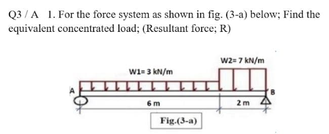 Q3 / A 1. For the force system as shown in fig. (3-a) below; Find the
equivalent concentrated load; (Resultant force; R)
w2= 7 kN/m
w1= 3 kN/m
6 m
2 m
Fig.(3-a)
