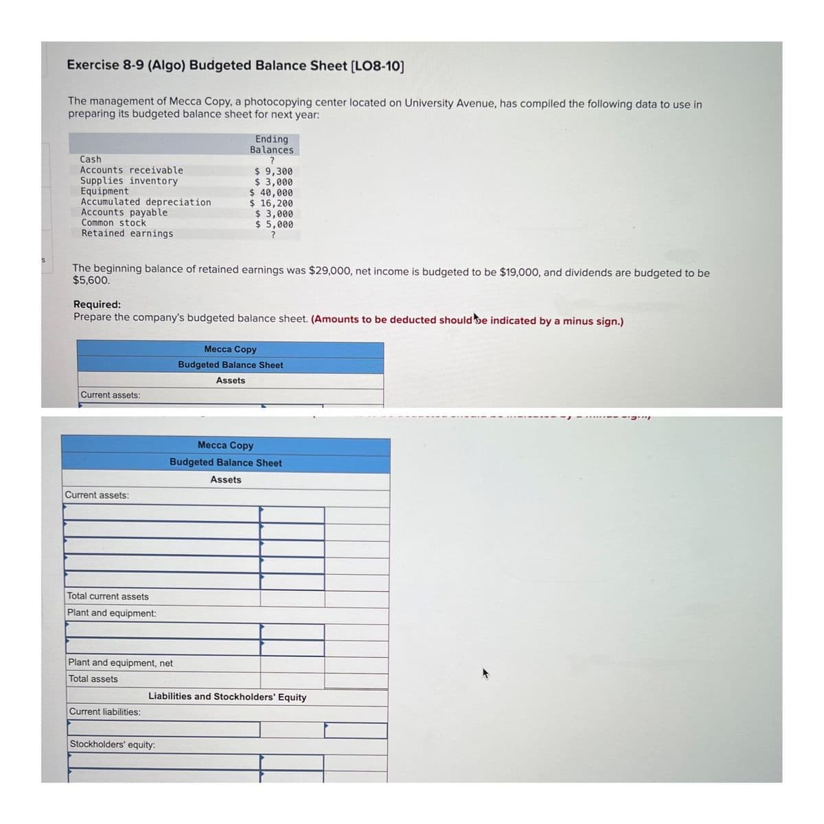 S
Exercise 8-9 (Algo) Budgeted Balance Sheet [LO8-10]
The management of Mecca Copy, a photocopying center located on University Avenue, has compiled the following data to use in
preparing its budgeted balance sheet for next year:
Cash
Accounts receivable
Supplies inventory
Equipment
Accumulated depreciation
Accounts payable
Common stock
Retained earnings
Current assets:
The beginning balance of retained earnings was $29,000, net income is budgeted to be $19,000, and dividends are budgeted to be
$5,600.
Current assets:
Required:
Prepare the company's budgeted balance sheet. (Amounts to be deducted should be indicated by a minus sign.)
Total current assets
Plant and equipment:
Ending
Balances
?
Plant and equipment, net
Total assets
Current liabilities:
$ 9,300
$ 3,000
$ 40,000
$ 16,200
$3,000
$5,000
?
Stockholders' equity:
Mecca Copy
Budgeted Balance Sheet
Assets
Mecca Copy
Budgeted Balance Sheet
Assets
Liabilities and Stockholders' Equity