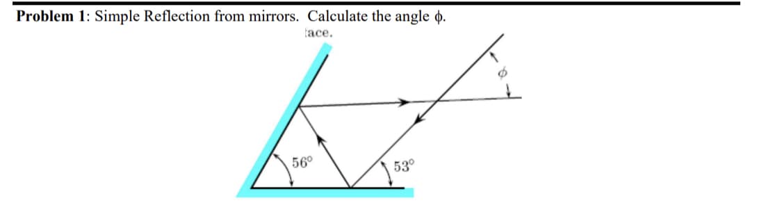 Problem 1: Simple Reflection from mirrors. Calculate the angle o.
face.
H
56°
53°