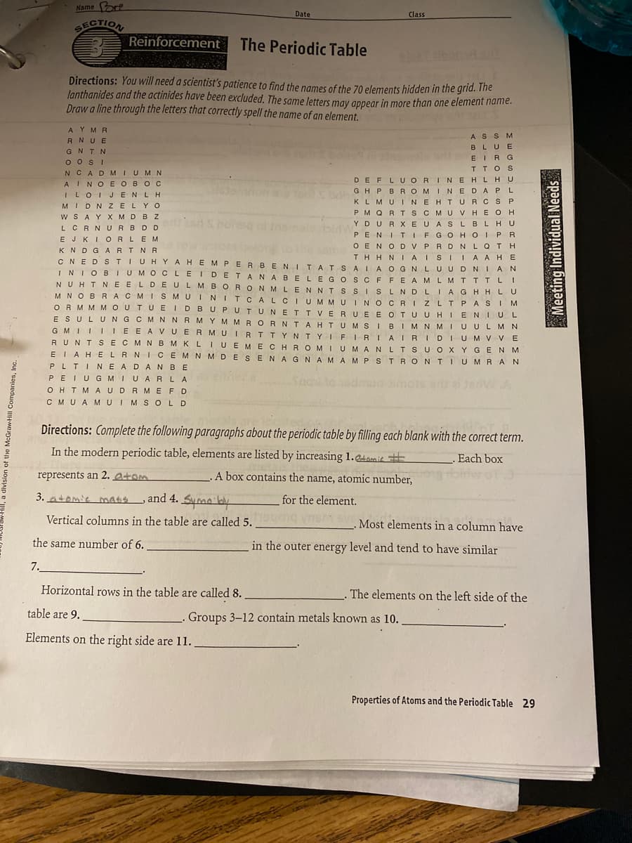 PMQRT S CMU VHEOH
YAHEMPER BENI TATSAIAO
Name ore
SECTION
Date
Class
Reinforcement
The Periodic Table
olbon
Directions: You will need a scientisť's patience to find the names of the 70 elements hidden in the grid. The
lanthanides and the actinides have been excluded, The same letters may annear in more than one element name.
Draw a line through the letters that correctly spell the name of an element.
AY MR
ASSM
RNUE
BLUE
GNT N
O oS I
N CADMIUMN
EIRG
TTO S
DEFL UORINEHL HU
O E OB OC
GHPBROMINEDAPL
JENLH
KLMUINEHTU RCS P
DNZE
YO
Hoidw DURXEUASLBLHU
PENITI F GO HOIPR
O ENODVPRRNLO TH
E M
GAR
N R
TH H NIAISIIA A HE
OBIUM OCLEIDETANABELE GOSCF FEAMLMT TTL !
NUHTNEELDE ULMBO RON MLENNTS SISLNDLIAGHHLU
IN
M NOBRACMI SMUINITCALCIUM MUIN
ASIM
ORM M M OUTUEIDBUP UTUNE TT VERUE E OTUUHIENIUL
ESUL UNGC MNNRMYMMR ORNTAHTUM SIBIMN MIU ULM N
GMIII IEEA VUERM UIRTTYNTY IFIRIAIRID IUMV VE
RUNT SECMNB MKLI UEMECHROM IUMANLTSUO XYGE N M
EIAHELRNI CEMN MDESENAGNAMAMPS TRONT IUMR AN
NOCRIZLTPA
PLTINE ADANB
E
PEIUGMIUARLA
OHTMA UDRME FD
CMUAM UIMS OLD
Directions: Complete the following paragraphs about the periodic table by filling each blank with the correct term.
In the modern periodic table, elements are listed by increasing 1.Ctamie #
Each box
represents an 2. atom
A box contains the name, atomic number,
3. atomic mans , and 4. Suma b
for the element.
Vertical columns in the table are called 5.
Most elements in a column have
the same number of 6.
in the outer energy level and tend to have similar
7.
Horizontal rows in the table are called 8.
The elements on the left side of the
table are 9.
Groups 3-12 contain metals known as 10.
Elements on the right side are 11.
Properties of Atoms and the Periodic Table 29
İsion of the McGraw-Hill Companies, Inc
Meeting Individual Needs
