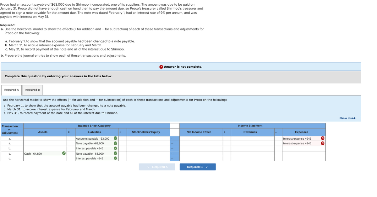 Proco had an account payable of $63,000 due to Shirmoo Incorporated, one of its suppliers. The amount was due to be paid on
January 31. Proco did not have enough cash on hand then to pay the amount due, so Proco's treasurer called Shirmoo's treasurer and
agreed to sign a note payable for the amount due. The note was dated February 1, had an interest rate of 9% per annum, and was
payable with interest on May 31.
Required:
a. Use the horizontal model to show the effects (+ for addition and for subtraction) of each of these transactions and adjustments for
Proco on the following:
a. February 1, to show that the account payable had been changed to a note payable.
b. March 31, to accrue interest expense for February and March.
c. May 31, to record payment of the note and all of the interest due to Shirmoo.
b. Prepare the journal entries to show each of these transactions and adjustments.
Complete this question by entering your answers in the tabs below.
Required A Required B
Use the horizontal model to show the effects (+ for addition and for subtraction) of each of these transactions and adjustments for Proco on the following:
a. February 1, to show that the account payable had been changed to a note payable.
b. March 31, to accrue interest expense for February and March.
c. May 31, to record payment of the note and all of the interest due to Shirmoo.
Transaction
or
Adjustment
a.
a.
b.
C.
C.
Assets
Cash-64,890
✔
=
Balance Sheet Category
Liabilities
Accounts payable -63,000
Note payable +63,000
Interest payable +945
Note payable -63,000
Interest payable-945
✔
✓
✓
✔
X Answer is not complete.
+
Stockholders' Equity
< Required A
Net Income Effect
Required B >
=
Income Statement
Revenues
Expenses
Interest expense +945
Interest expense +945
X
Show less