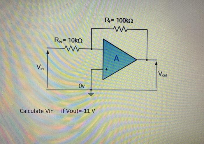 Vin
Rin= 10k
www
Ov
Calculate Vin if Vout=-11 V
R₁ = 100k
ww
A
Vout