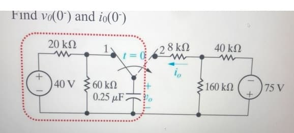 Find vo(0") and io(0")
20 kN
28 k2
40 kN
+.
40 V
60 kN
160 kn ()
75 V
0.25 µF2
