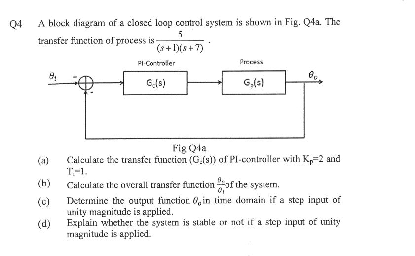 Q4
A block diagram of a closed loop control system is shown in Fig. Q4a. The
5
transfer function of process is-
(s+1)(s+7)
PI-Controller
Process
G.(s)
G,(s)
Fig Q4a
Calculate the transfer function (G.(s)) of PI-controller with K,=2 and
T=1.
(а)
(b)
Calculate the overall transfer function of the system.
Determine the output function 0,in time domain if a step input of
unity magnitude is applied.
Explain whether the system is stable or not if a step input of unity
(c)
(d)
magnitude is applied.
