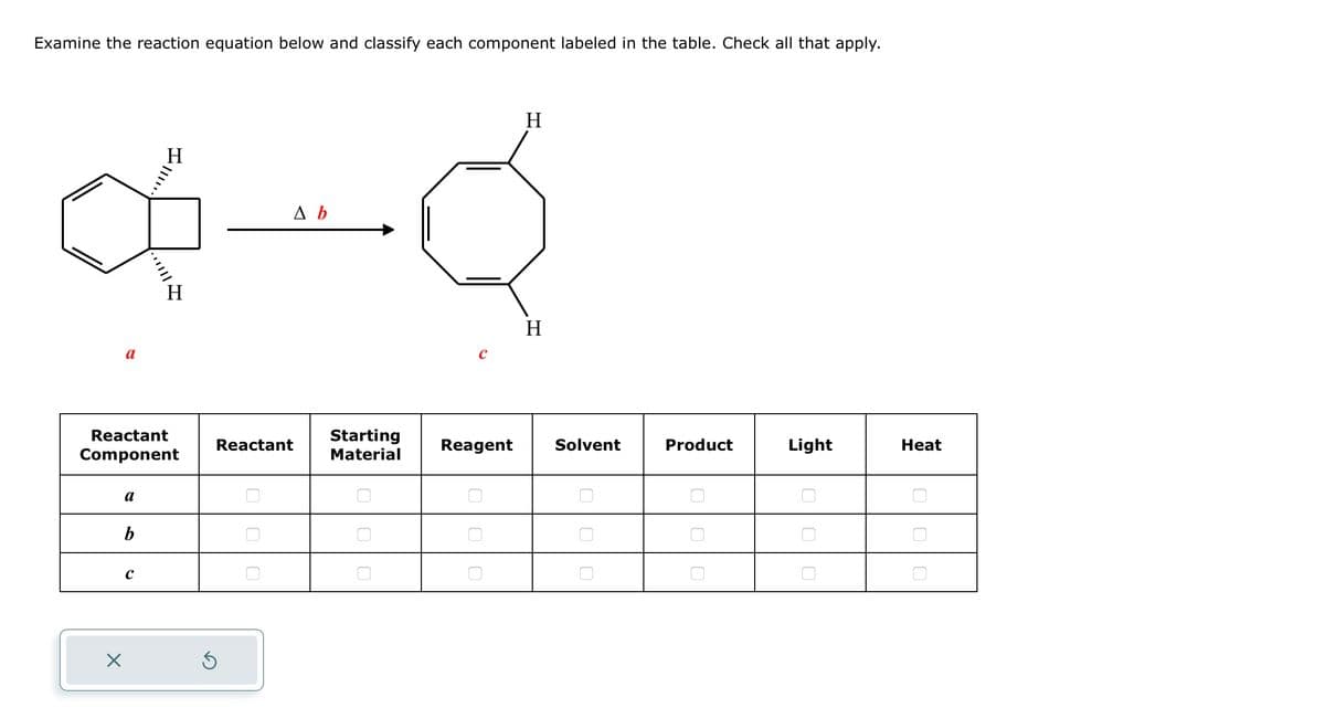 Examine the reaction equation below and classify each component labeled in the table. Check all that apply.
Q-Q
Δb
a
X
Reactant
Component
a
b
H
с
H
S
Starting
Reactant
Material
0 0
H
000
H
Reagent Solvent
0|0|0
Product
00
Light
0 0
Heat