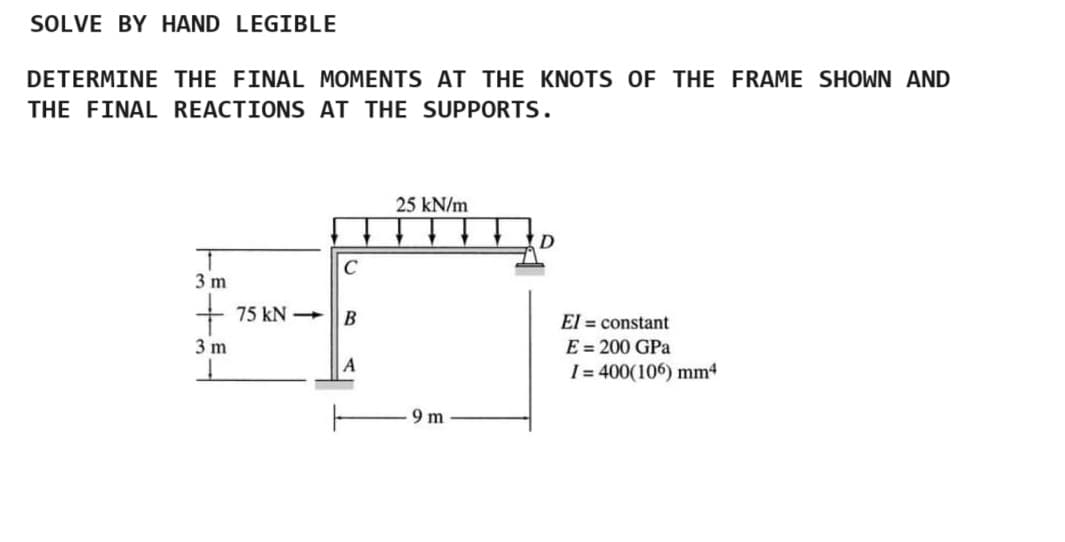 SOLVE BY HAND LEGIBLE
DETERMINE THE FINAL MOMENTS AT THE KNOTS OF THE FRAME SHOWN AND
THE FINAL REACTIONS AT THE SUPPORTS.
T
3 m
+
3 m
C
75 kN B
A
25 kN/m
D
9 m
El = constant
E = 200 GPa
I=400(106) mm4