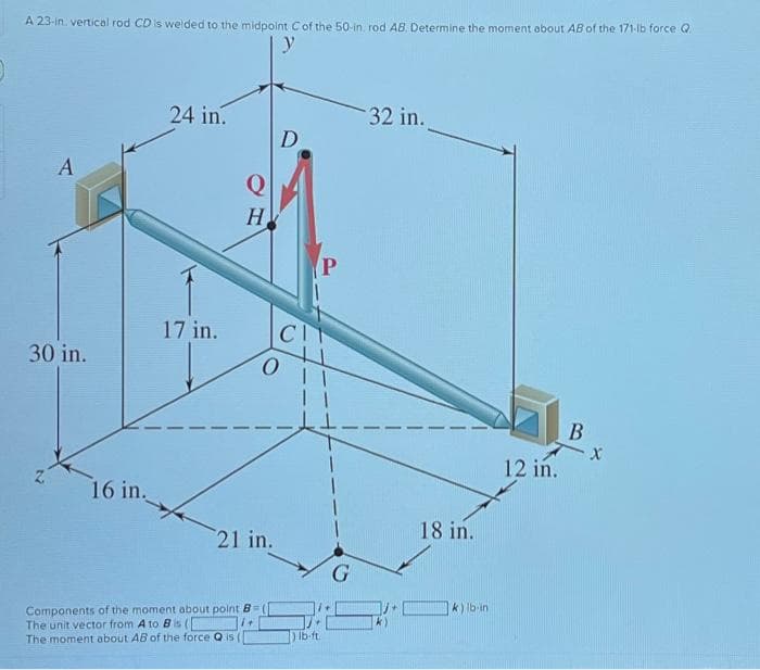 A 23-in. vertical rod CD is welded to the midpoint C of the 50-in, rod AB. Determine the moment about AB of the 171-lb force Q
A
30 in.
16 in.
24 in.
17 in.
Q
H
21 in.
Components of the moment about point B
The unit vector from A to Bisc
1+
The moment about AB of the force Q is (
D
P
CIT
) lb-ft
G
32 in.
18 in.
k) lb-in
12 in.
B
X