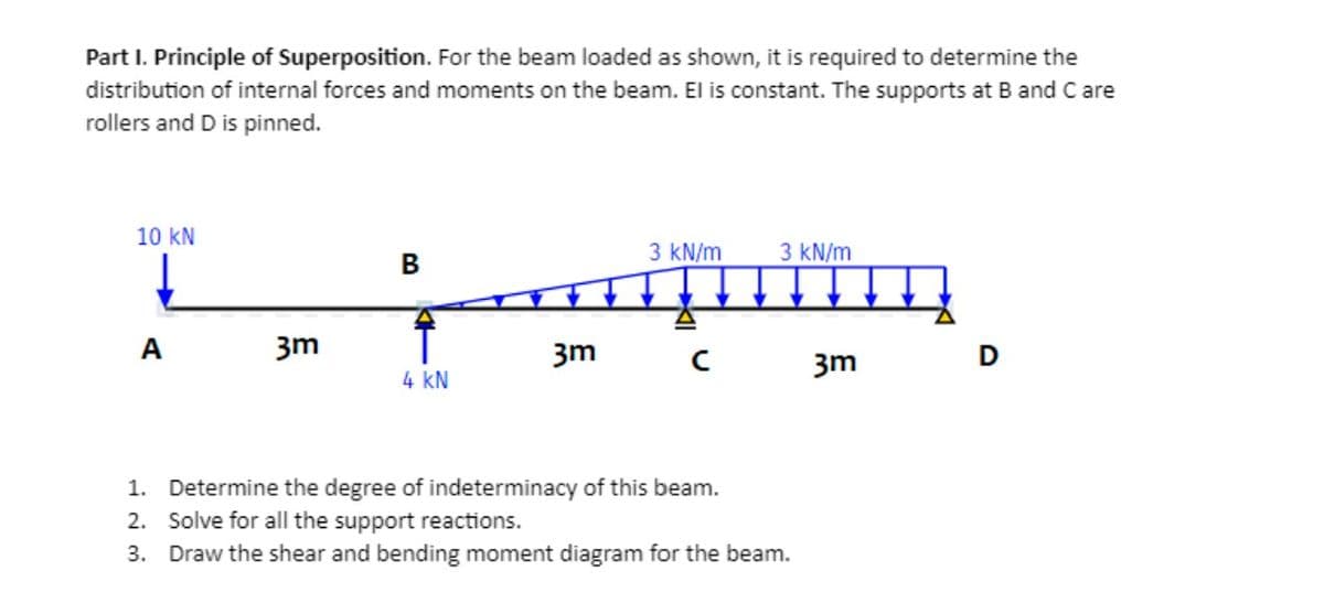 Part I. Principle of Superposition. For the beam loaded as shown, it is required to determine the
distribution of internal forces and moments on the beam. El is constant. The supports at B and C are
rollers and D is pinned.
10 kN
3 kN/m
3 kN/m
В
A
3m
3m
D
3m
4 kN
1. Determine the degree of indeterminacy of this beam.
2. Solve for all the support reactions.
3. Draw the shear and bending moment diagram for the beam.
