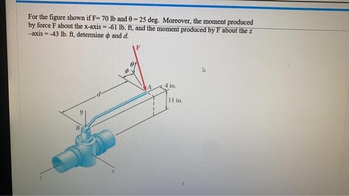 For the figure shown if F= 70 lb and 0-25 deg. Moreover, the moment produced
by force F about the x-axis = -61 lb. ft, and the moment produced by F about the z
-axis = -43 lb. ft, determine o and d.
%3D
4 in.
14
11 in.
B
