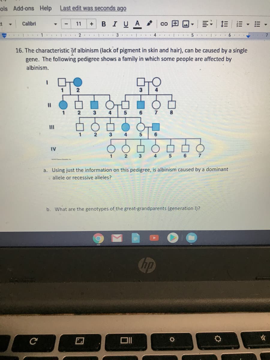 ols Add-ons Help
Last edit was seconds ago
Calibri
11
В I U A
2
5 6 I
7
16. The characteristic of albinism (lack of pigment in skin and hair), can be caused by a single
gene. The following pedigree shows a family in which some people are affected by
albinism.
4
6
8
II
4
IV
1
3
4
5 6 7
a. Using just the information on this pedigree, is albinism caused by a dominant
allele or recessive alleles?
b. What are the genotypes of the great-grandparents (generation I)?
hp
