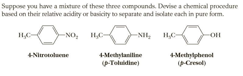 Suppose you have a mixture of these three compounds. Devise a chemical procedure
based on their relative acidity or basicity to separate and isolate each in pure form.
H3C-
-NO2
H3C-
NH2
H3C-
OH-
4-Nitrotoluene
4-Methylaniline
(p-Toluidine)
4-Methylphenol
(p-Cresol)
