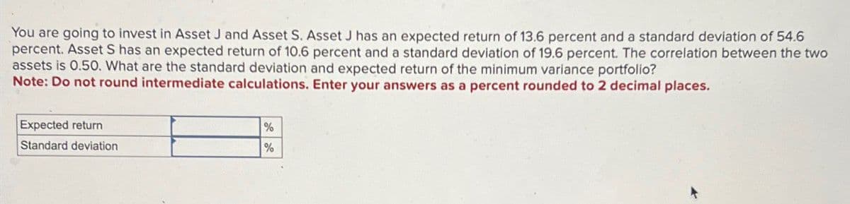 You are going to invest in Asset J and Asset S. Asset J has an expected return of 13.6 percent and a standard deviation of 54.6
percent. Asset S has an expected return of 10.6 percent and a standard deviation of 19.6 percent. The correlation between the two
assets is 0.50. What are the standard deviation and expected return of the minimum variance portfolio?
Note: Do not round intermediate calculations. Enter your answers as a percent rounded to 2 decimal places.
Expected return
Standard deviation
%
%