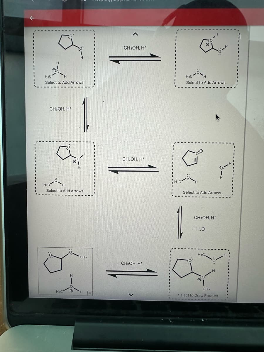 K
HaC
H
0:0
H
Select to Add Arrows
CH3OH, H*
^
CH3OH, H*
CH3OH, H*
H
HaC
H
Select to Add Arrows
H
H3C
H
Select to Add Arrows
0:0
HǝC'
H
Select to Add Arrows
CH3OH, H*
- H₂O
H3C.
CH3
CH3OH, H+
HaC
H
H
CH3
Select to Draw Product
'
'