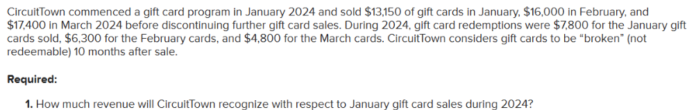 Circuit Town commenced a gift card program in January 2024 and sold $13,150 of gift cards in January, $16,000 in February, and
$17,400 in March 2024 before discontinuing further gift card sales. During 2024, gift card redemptions were $7,800 for the January gift
cards sold, $6,300 for the February cards, and $4,800 for the March cards. CircuitTown considers gift cards to be "broken" (not
redeemable) 10 months after sale.
Required:
1. How much revenue will CircuitTown recognize with respect to January gift card sales during 2024?