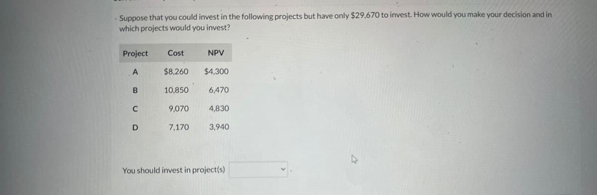 Suppose that you could invest in the following projects but have only $29,670 to invest. How would you make your decision and in
which projects would you invest?
Project
Cost
NPV
A
$8,260
$4,300
BCD
10,850
6,470
9,070
4,830
7,170
3,940
You should invest in project(s)
E