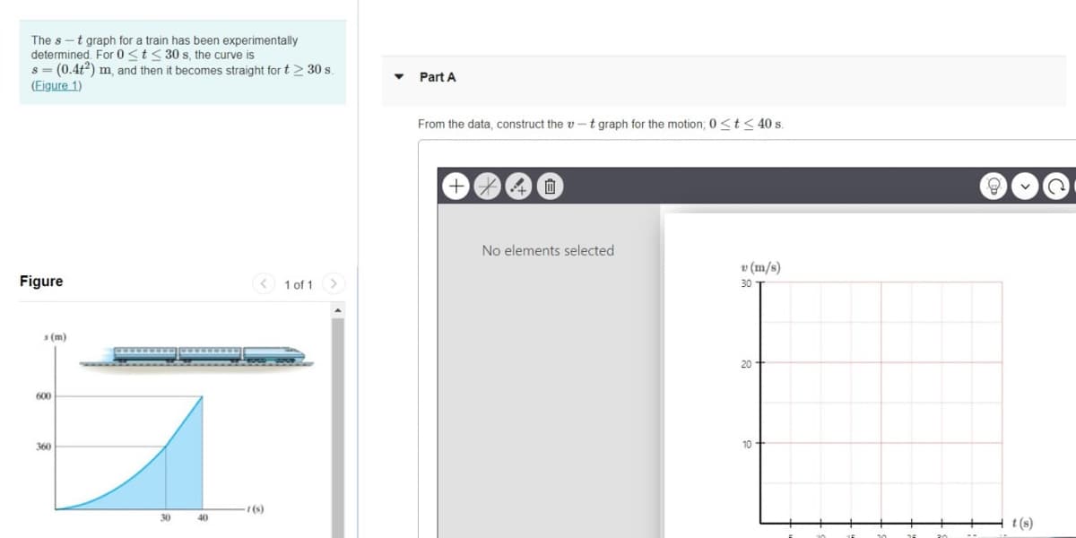 The s-t graph for a train has been experimentally
determined. For 0 <t< 30 s, the curve is
8 = (0.4t2) m, and then it becomes straight for t> 30 s.
(Figure 1)
Part A
From the data, construct the v -t graph for the motion; 0<t< 40 s.
No elements selected
v (m/s)
Figure
< 1 of 1
30
s (m)
20
600
360
10
1(s)
30
40
t (s)
