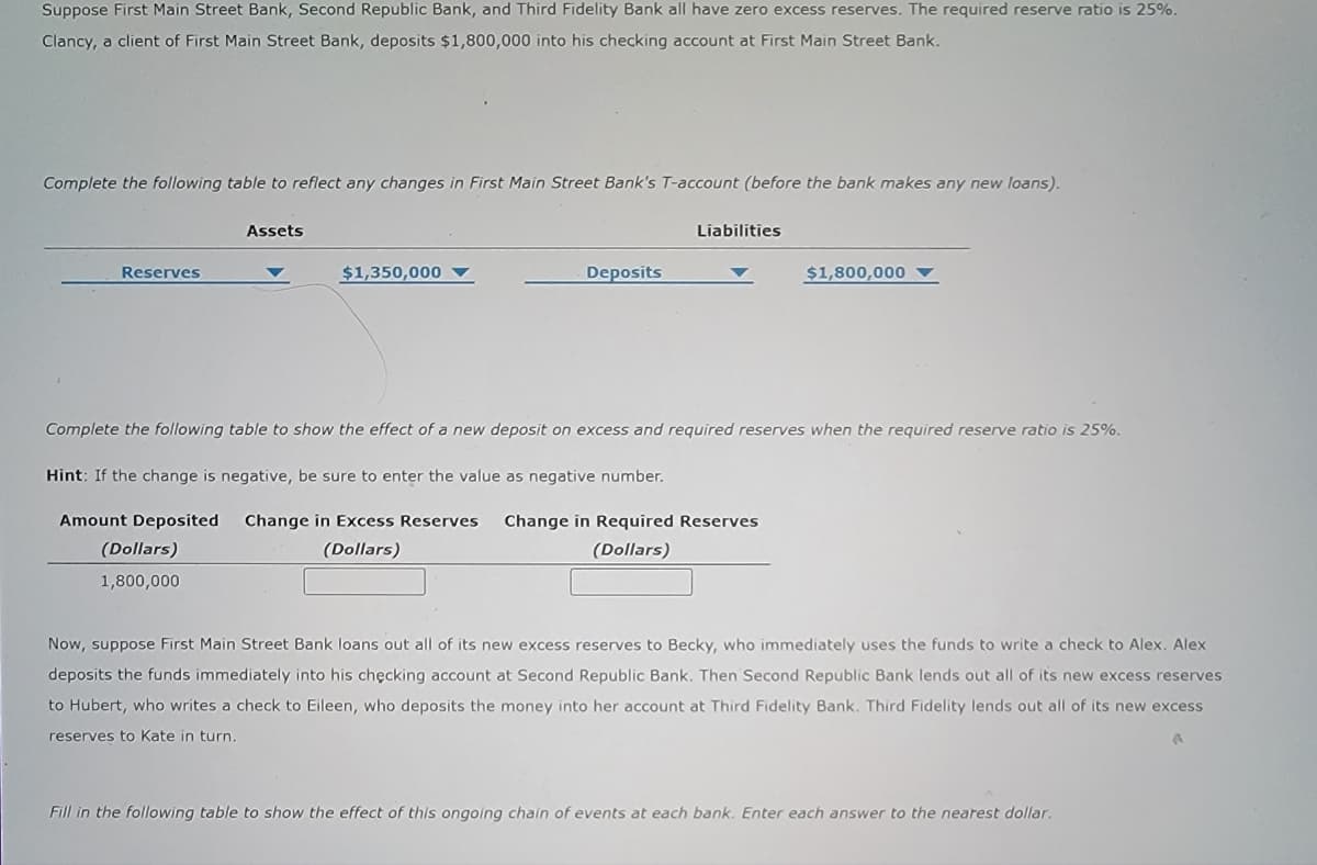 Suppose First Main Street Bank, Second Republic Bank, and Third Fidelity Bank all have zero excess reserves. The required reserve ratio is 25%.
Clancy, a client of First Main Street Bank, deposits $1,800,000 into his checking account at First Main Street Bank.
Complete the following table to reflect any changes in First Main Street Bank's T-account (before the bank makes any new loans).
Reserves
Assets
$1,350,000
Deposits
Liabilities
Hint: If the change is negative, be sure to enter the value as negative number.
Amount Deposited Change in Excess Reserves
(Dollars)
(Dollars)
1,800,000
Complete the following table to show the effect of a new deposit on excess and required reserves when the required reserve ratio is 25%.
$1,800,000
Change in Required Reserves
(Dollars)
Now, suppose First Main Street Bank loans out all of its new excess reserves to Becky, who immediately uses the funds to write a check to Alex. Alex
deposits the funds immediately into his chęcking account at Second Republic Bank. Then Second Republic Bank lends out all of its new excess reserves
to Hubert, who writes a check to Eileen, who deposits the money into her account at Third Fidelity Bank. Third Fidelity lends out all of its new excess
reserves to Kate in turn.
A
Fill in the following table to show the effect of this ongoing chain of events at each bank. Enter each answer to the nearest dollar.