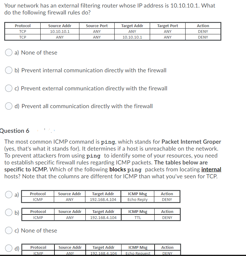 Your network has an external filtering router whose IP address is 10.10.10.1. What
do the following firewall rules do?
Protocol
TCP
TCP
a) None of these
Source Addr
10.10.10.1
ANY
b) Prevent internal communication directly with the firewall
a)
c) Prevent external communication directly with the firewall
d) Prevent all communication directly with the firewall
b)
Protocol
ICMP
Protocol
ICMP
c) None of these
d)
Question 6
The most common ICMP command is ping, which stands for Packet Internet Groper
(yes, that's what it stands for). It determines if a host is unreachable on the network.
To prevent attackers from using ping to identify some of your resources, you need
to establish specific firewall rules regarding ICMP packets. The tables below are
specific to ICMP. Which of the following blocks ping packets from locating internal
hosts? Note that the columns are different for ICMP than what you've seen for TCP.
Protocol
ICMP
Source Port
ANY
ANY
Source Addr
ANY
Source Addr
ANY
Source Addr
ANY
Target Addr
ANY
10.10.10.1
Target Addr
192.168.4.104
Target Addr
192.168.4.104
Target Addr
192.168.4.104
Target Port
ANY
ANY
ICMP Msg
Echo Reply
ICMP Msg
TTL
ICMP Msg
Echo Request
Action
DENY
Action
DENY
Action
DENY
DENY
Action
DENY