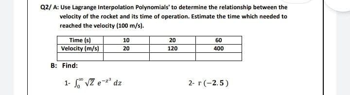 Q2/ A: Use Lagrange Interpolation Polynomials' to determine the relationship between the
velocity of the rocket and its time of operation. Estimate the time which needed to
reached the velocity (100 m/s).
10
20
60
Time (s)
Velocity (m/s)
20
120
400
1- √ √Ze-²³ dz
2- r (-2.5)
B: Find: