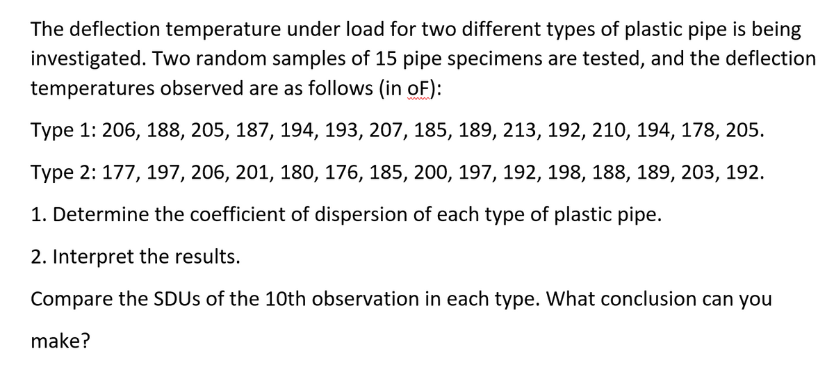 The deflection temperature under load for two different types of plastic pipe is being
investigated. Two random samples of 15 pipe specimens are tested, and the deflection
temperatures observed are as follows (in oF):
Type 1: 206, 188, 205, 187, 194, 193, 207, 185, 189, 213, 192, 210, 194, 178, 205.
Type 2: 177, 197, 206, 201, 180, 176, 185, 200, 197, 192, 198, 188, 189, 203, 192.
1. Determine the coefficient of dispersion of each type of plastic pipe.
2. Interpret the results.
Compare the SDUS of the 10th observation in each type. What conclusion can you
make?
