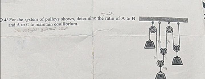 2.4/ For the system of pulleys shown, determine the ratio of A to B
and A to C to maintain equilibrium.
