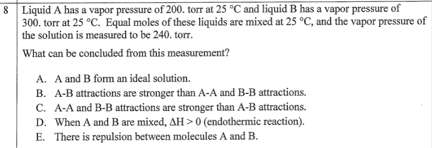 8 Liquid A has a vapor pressure of 200. torr at 25 °C and liquid B has a vapor pressure of
300. torr at 25 °C. Equal moles of these liquids are mixed at 25 °C, and the vapor pressure of
the solution is measured to be 240. torr.
What can be concluded from this measurement?
A. A and B form an ideal solution.
B. A-B attractions are stronger than A-A and B-B attractions.
C. A-A and B-B attractions are stronger than A-B attractions.
D. When A and B are mixed, AH> 0 (endothermic reaction).
E. There is repulsion between molecules A and B.