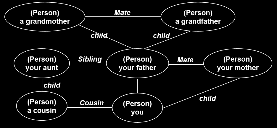 (Person)
a grandmother
Mate
(Person)
a grandfather
child
child
(Person)
Sibling
(Person)
your father
Mate
(Person)
your aunt
your mother
child
child
(Person)
Cousin
(Person)
a cousin
you
