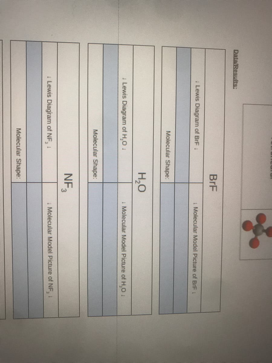 Data/Besults:
BrF
I Lewis Diagram of BrF.
I Molecular Model Picture of BrF L
Molecular Shape:
H,0
1 Lewis Diagram of H,0 .
I Molecular Model Picture of H.O 1
Molecular Shape:
NF3
I Lewis Diagram of NF, 1
I Molecular Model Picture of NF I
Molecular Shape:
