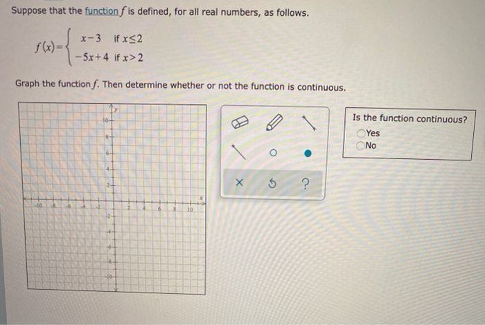 Suppose that the function f is defined, for all real numbers, as follows.
x-3 if x<2
f(x) =
- 5x+4 if x>2
Graph the function f. Then determine whether or not the function is continuous.
Is the function continuous?
10+
Yes
8-
No
6-
2+
10
+2-
-10-
