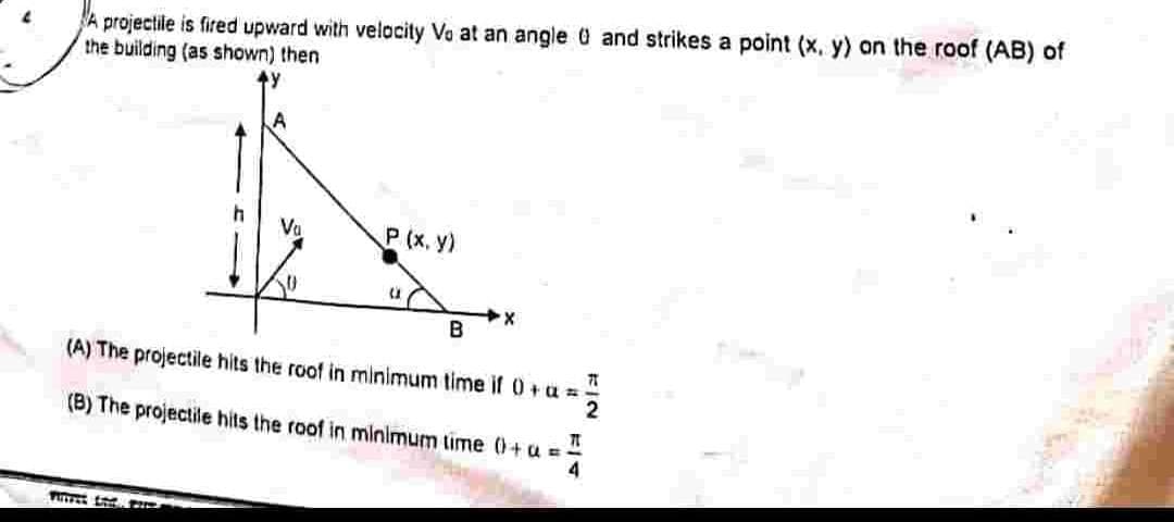 A projectile is fired upward with velocity Vo at an angle and strikes a point (x, y) on the roof (AB) of
the building (as shown) then
P (x, y)
C
FUTTER LIT. PRO
B
X
(A) The projectile hits the roof in minimum time if 0+ a=
71
(B) The projectile hits the roof in minimum time 0+α = -
71
4