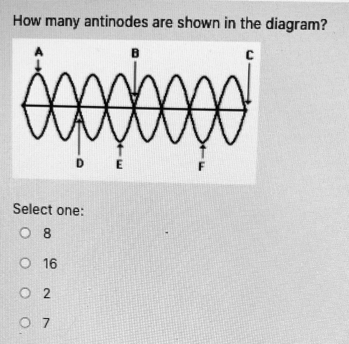 How many antinodes are shown in the diagram?
D
E
Select one:
8.
O16
O 2
