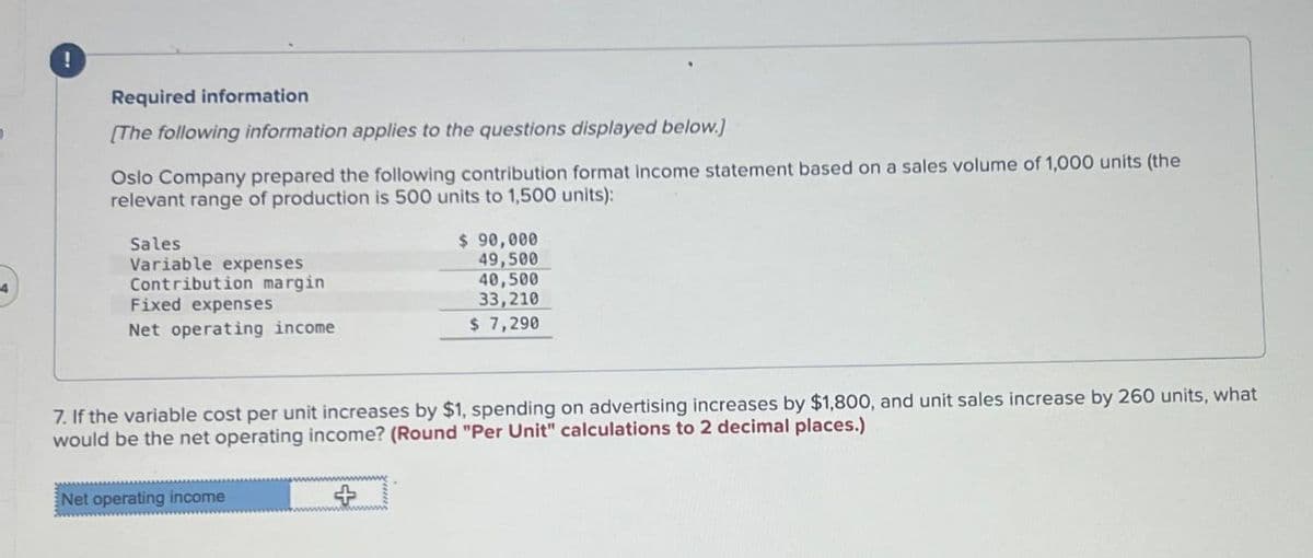 !
Required information
[The following information applies to the questions displayed below.)
Oslo Company prepared the following contribution format income statement based on a sales volume of 1,000 units (the
relevant range of production is 500 units to 1,500 units):
Sales
Variable expenses
Contribution margin
$ 90,000
49,500
4
40,500
33,210
Net operating income
$ 7,290
Fixed expenses
7. If the variable cost per unit increases by $1, spending on advertising increases by $1,800, and unit sales increase by 260 units, what
would be the net operating income? (Round "Per Unit" calculations to 2 decimal places.)
Net operating income
+