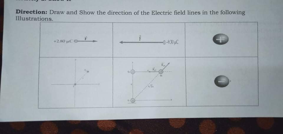 Direction: Draw and Show the direction of the Electric field lines in the following
Illustrations.
+2.80 µC
-0-9.30 µC
