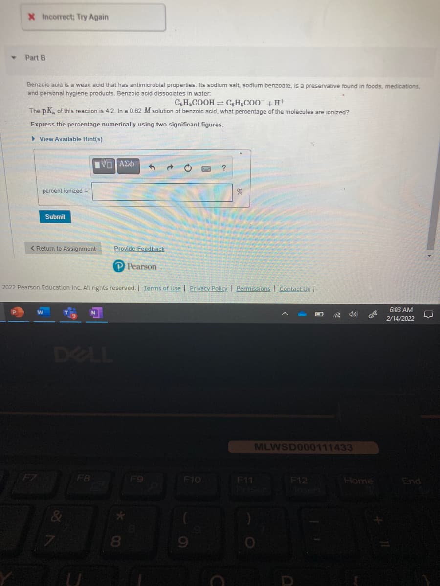X Incorrect; Try Again
Part B
Benzoic acid is a weak acid that has antimicrobial properties. Its sodium salt, sodium benzoate, is a preservative found in foods, medications,
and personal hygiene products. Benzoic acid dissociates in water:
C,H5COOH = C,H;C00¯ +H+
The pK, of this reaction is 4.2. In a 0.62 M solution of benzoic acid, what percentage of the molecules are ionized?
Express the percentage numerically using two significant figures.
> View Available Hint(s)
VO AEd
percent ionized =
Submit
< Return to Assignment
Provide Feedback
P Pearson
2022 Pearson Education Inc. All rights reserved. Terms of Use | Privacy Policy | Permissions | Contact Us |
6:03 AM
2/14/2022
DELL
MLWSD000111433
F7
F8
F9
F10
F11
F12
Home
End
Pris
8.
