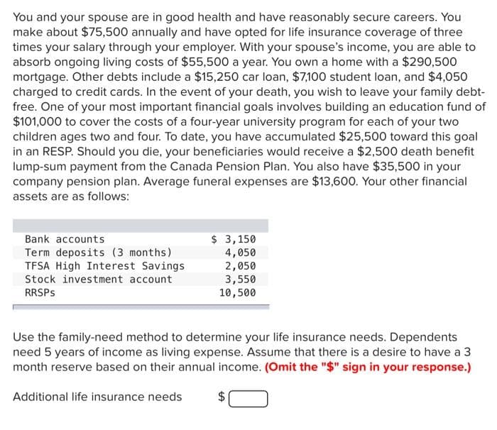 You and your spouse are in good health and have reasonably secure careers. You
make about $75,500 annually and have opted for life insurance coverage of three
times your salary through your employer. With your spouse's income, you are able to
absorb ongoing living costs of $55,500 a year. You own a home with a $290,500
mortgage. Other debts include a $15,250 car loan, $7,100 student loan, and $4,050
charged to credit cards. In the event of your death, you wish to leave your family debt-
free. One of your most important financial goals involves building an education fund of
$101,000 to cover the costs of a four-year university program for each of your two
children ages two and four. To date, you have accumulated $25,500 toward this goal
in an RESP. Should you die, your beneficiaries would receive a $2,500 death benefit
lump-sum payment from the Canada Pension Plan. You also have $35,500 in your
company pension plan. Average funeral expenses are $13,600. Your other financial
assets are as follows:
Bank accounts
Term deposits (3 months)
TFSA High Interest Savings
Stock investment account
RRSPS
$ 3,150
4,050
2,050
3,550
10,500
Use the family-need method to determine your life insurance needs. Dependents
need 5 years of income as living expense. Assume that there is a desire to have a 3
month reserve based on their annual income. (Omit the "$" sign in your response.)
Additional life insurance needs
$