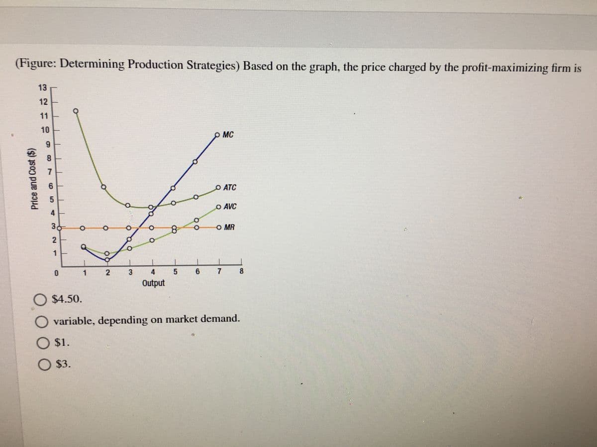 (Figure: Determining Production Strategies) Based on the graph, the price charged by the profit-maximizing firm is
13
12
11
10
O MC
9.
8.
7.
O ATC
O.
O AVC
O MR
2.
0.
3
4
7
8.
Output
$4.50.
variable, depending on market demand.
O $1.
O $3.
5.
4,
Price and Cost ($)
