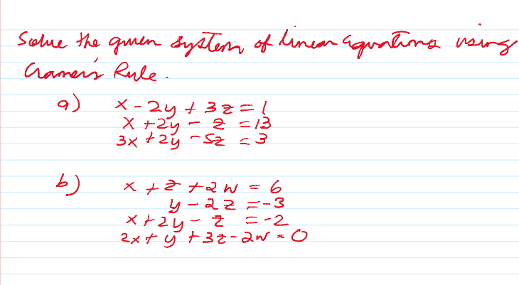 Solue the queen syetem of lunean aguntina vaing
hamer's Rule.
X - 2y + 3 =!
X +2y - 2 /3
2 13
3x +2ý -sz <3
り
Xときt = 6
y-ス2 =-3
×と2レー2 ニ-2
2xナリ+3之-Qwa o
