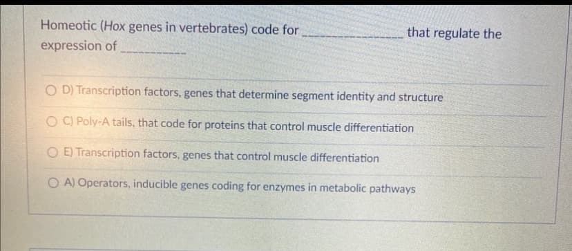 Homeotic (Hox genes in vertebrates) code for
expression of
that regulate the
OD) Transcription factors, genes that determine segment identity and structure
OC) Poly-A tails, that code for proteins that control muscle differentiation
OE) Transcription factors, genes that control muscle differentiation
OA) Operators, inducible genes coding for enzymes in metabolic pathways